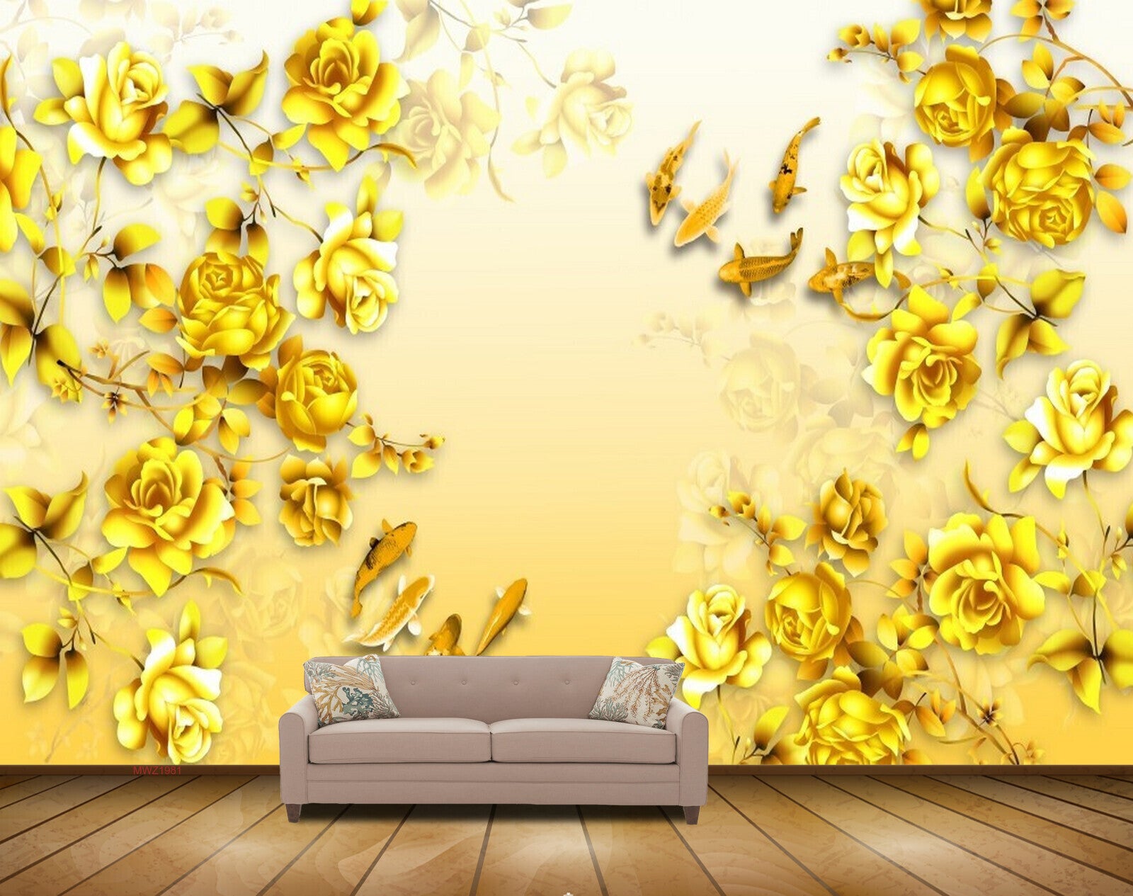 Avikalp MWZ1981 Golden Flowers Fishes 3D HD Wallpaper