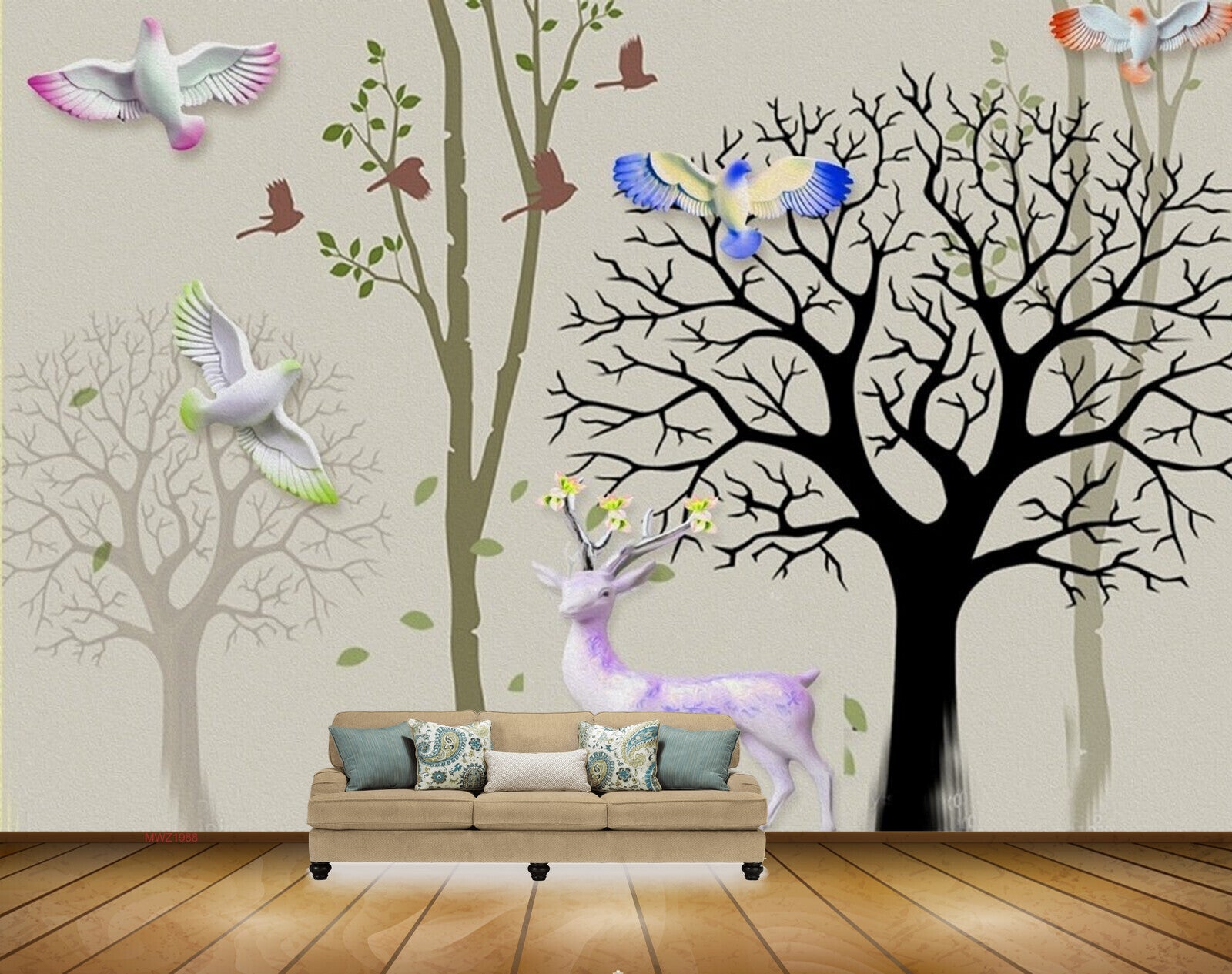 Avikalp MWZ1988 Trees Deer Birds 3D HD Wallpaper