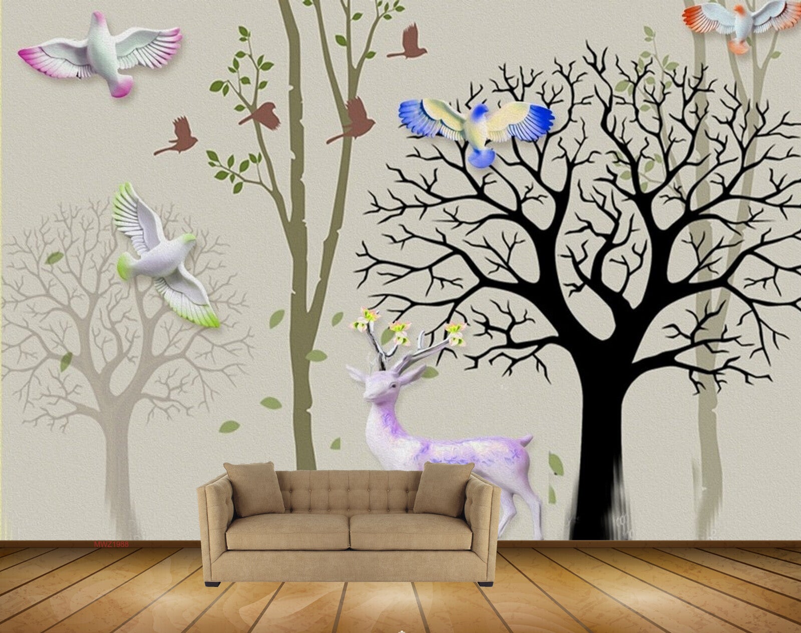 Avikalp MWZ1988 Trees Deer Birds 3D HD Wallpaper