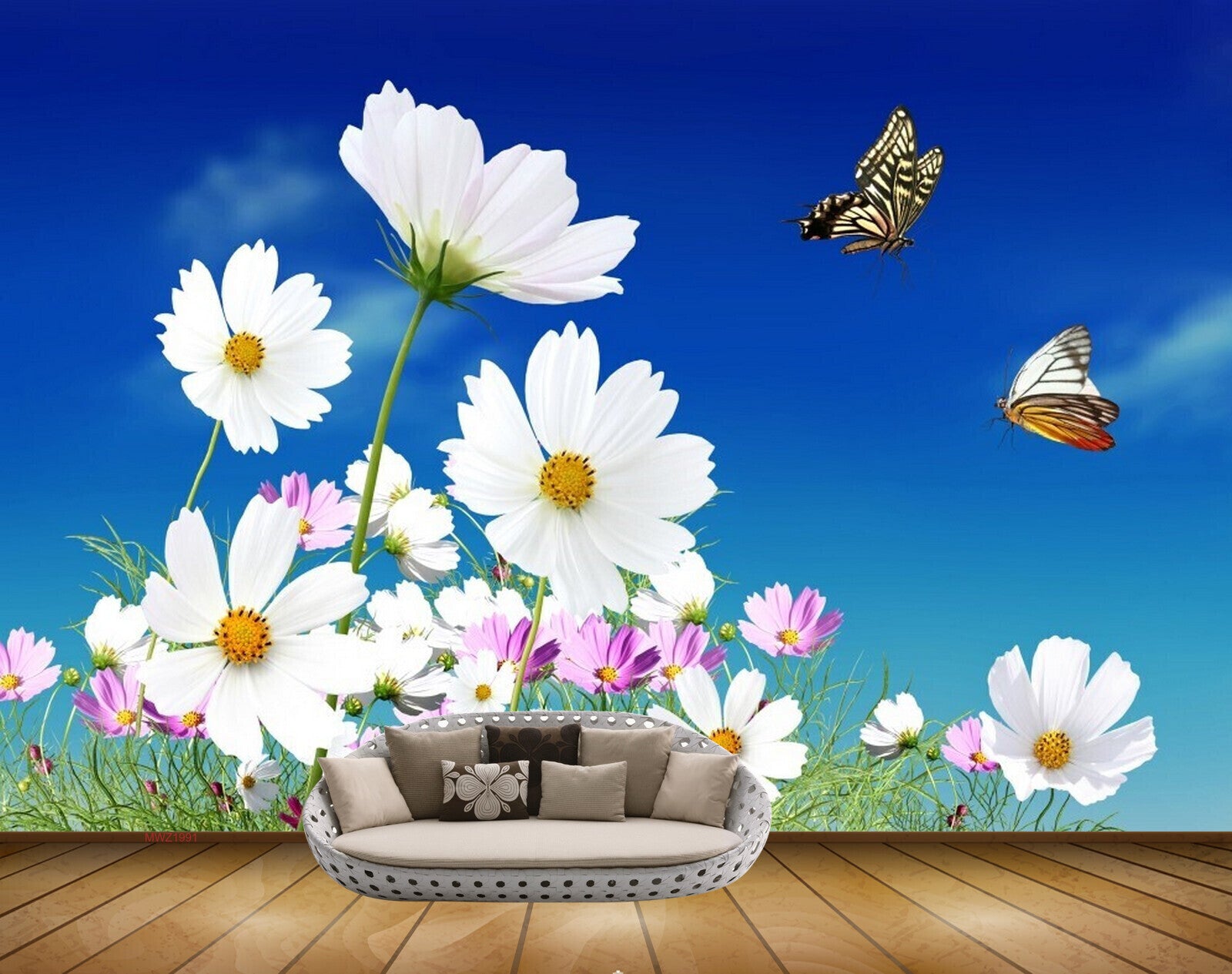 Avikalp MWZ1991 Pink White Flowers Butterflies 3D HD Wallpaper
