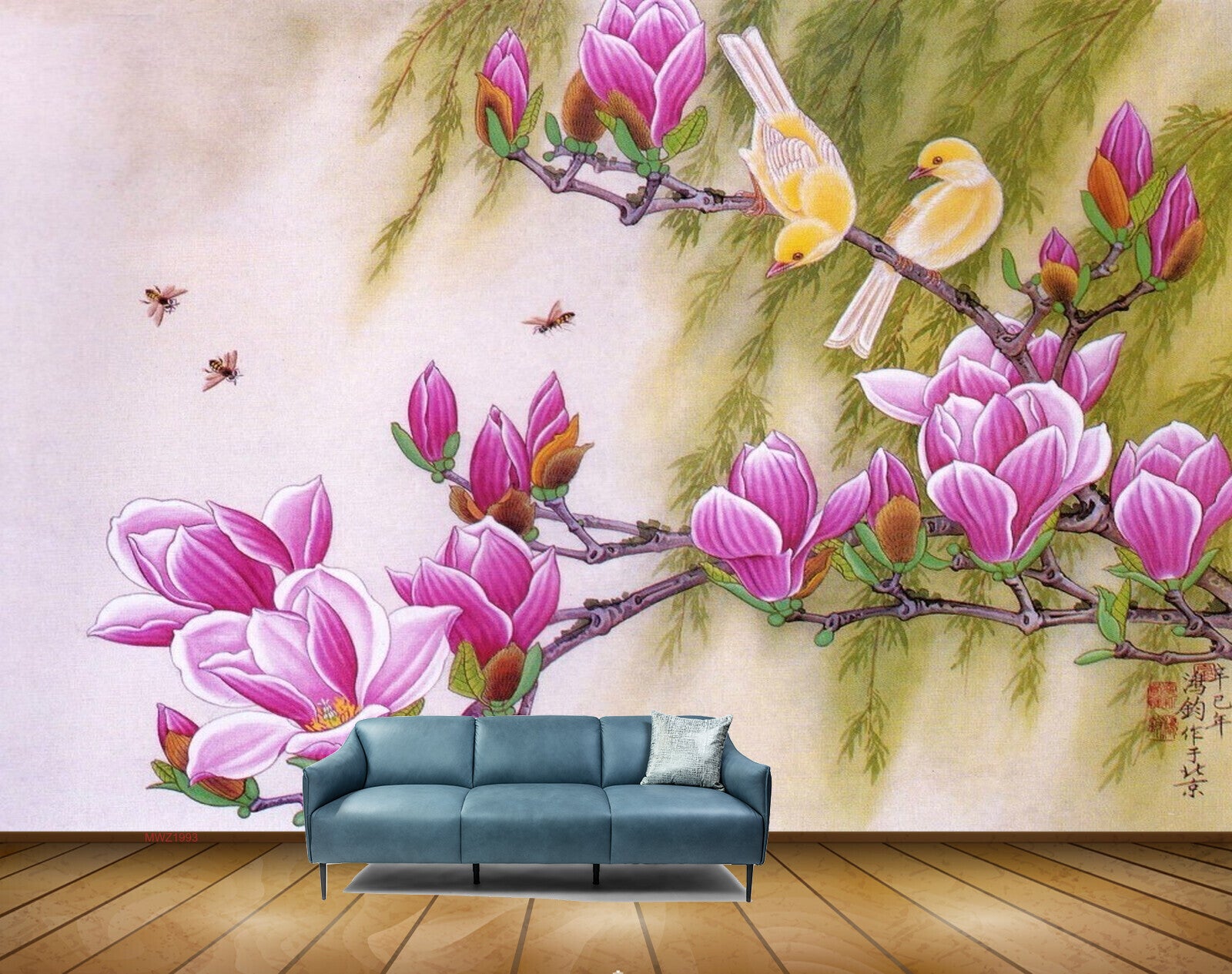 Avikalp MWZ1993 Pink White Flowers Bees Birds 3D HD Wallpaper