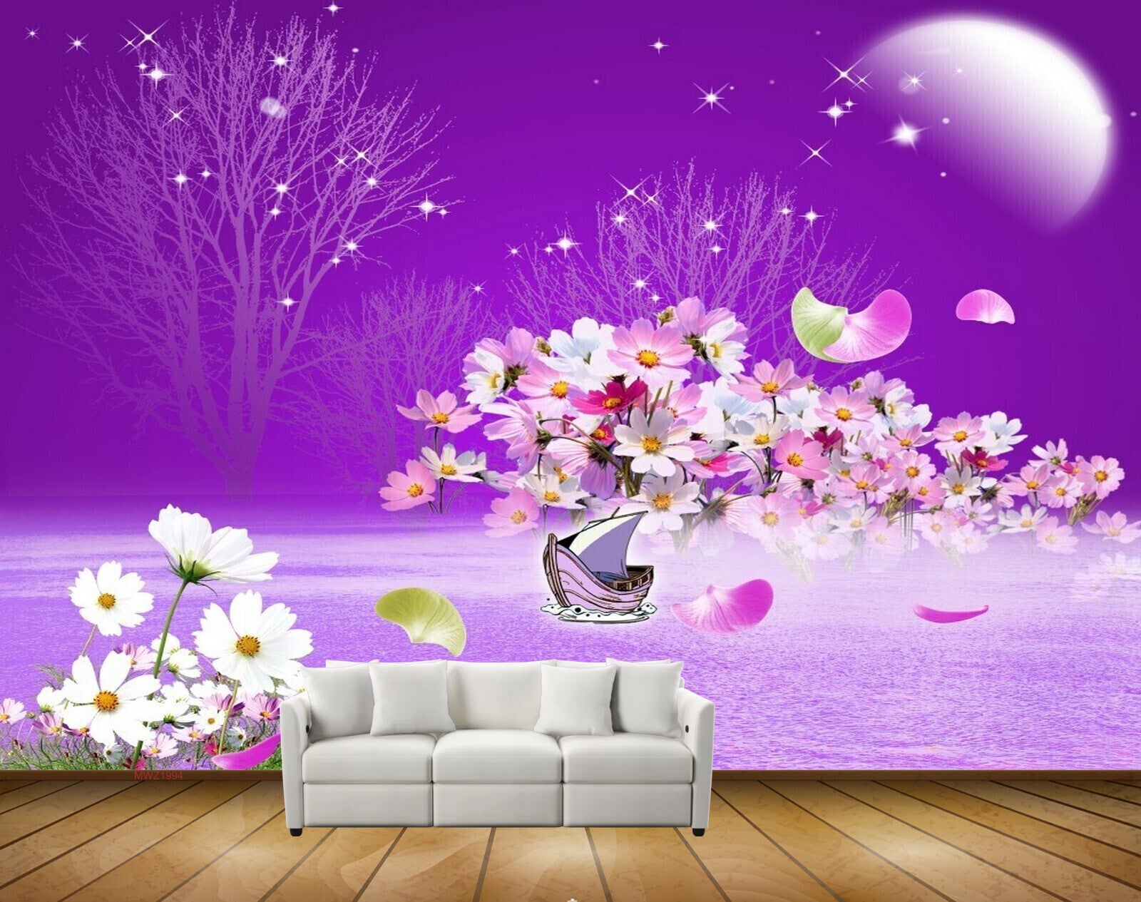 Avikalp MWZ1994 White Purple Flowers Tree Moon HD Wallpaper