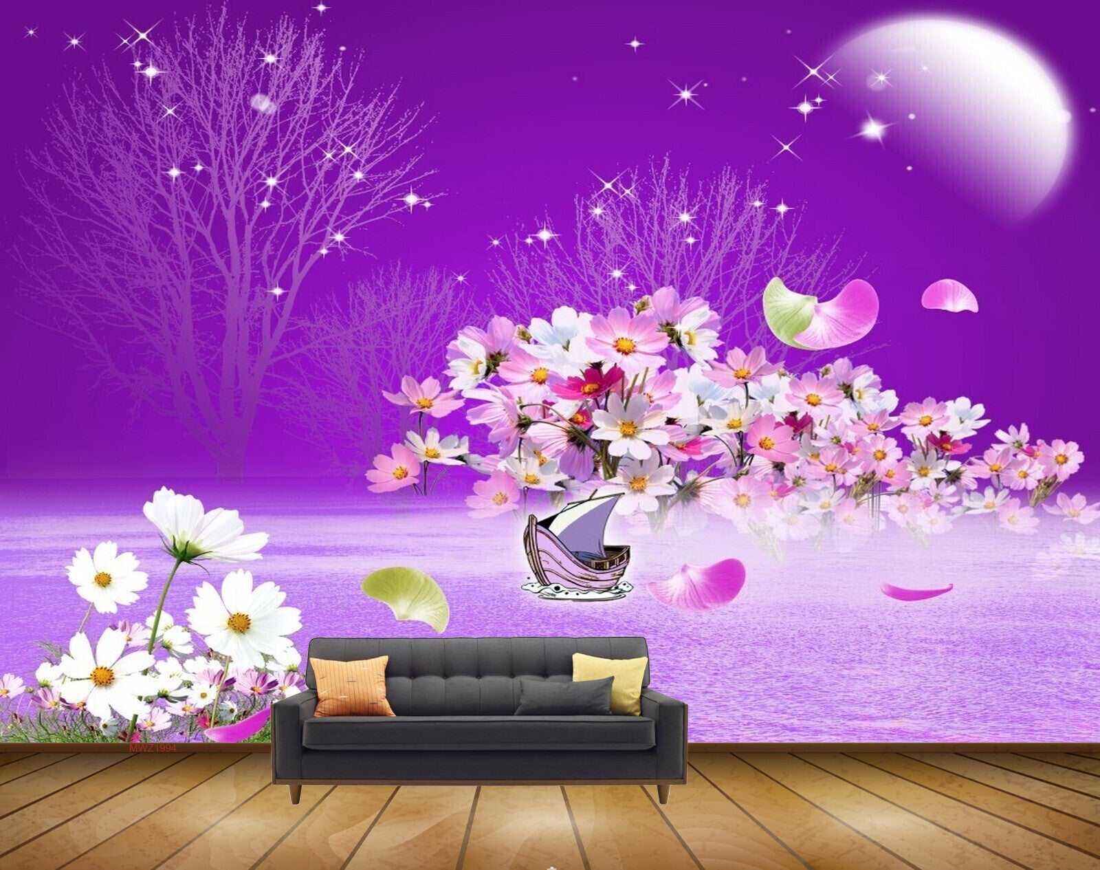 Avikalp MWZ1994 White Purple Flowers Tree Moon 3D HD Wallpaper