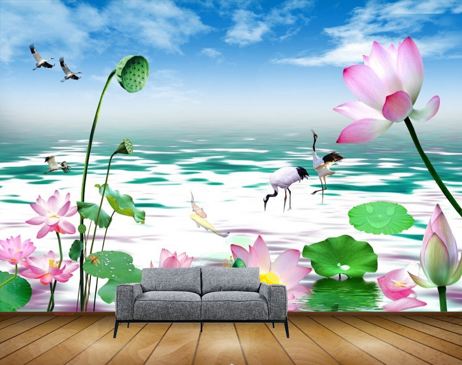 Avikalp MWZ1998 Pink White Flowers Burds Cranes 3D HD Wallpaper