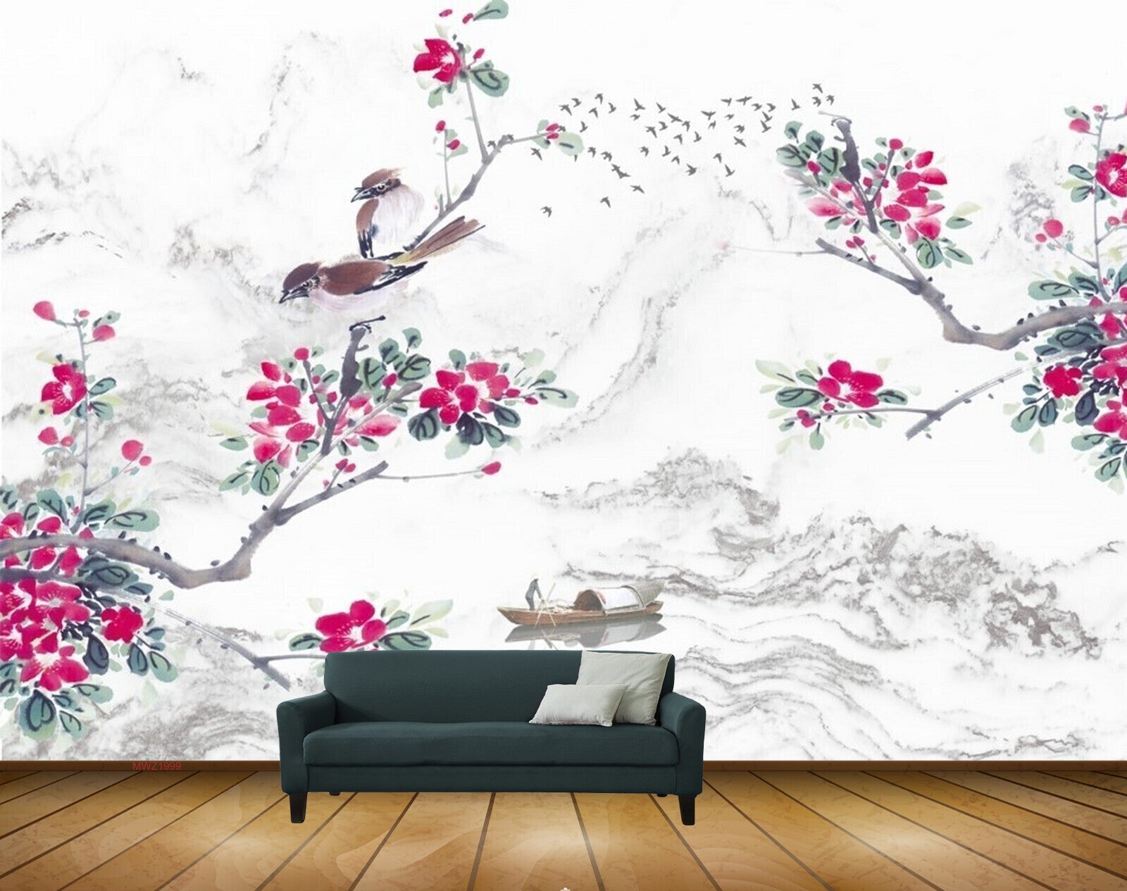 Avikalp MWZ1999 Pink Flowers Birds Boat 3D HD Wallpaper