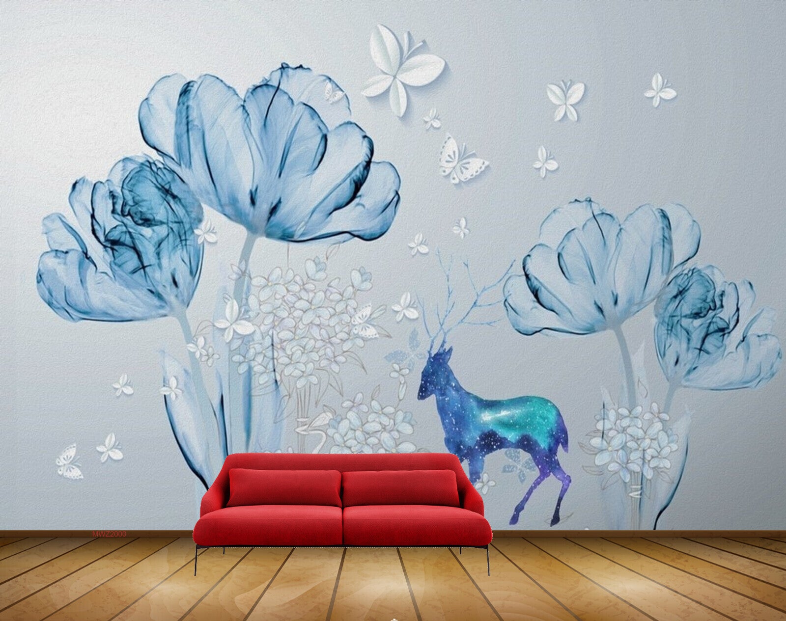 Avikalp MWZ2000 Blue Flowers Butterfly Deer 3D HD Wallpaper