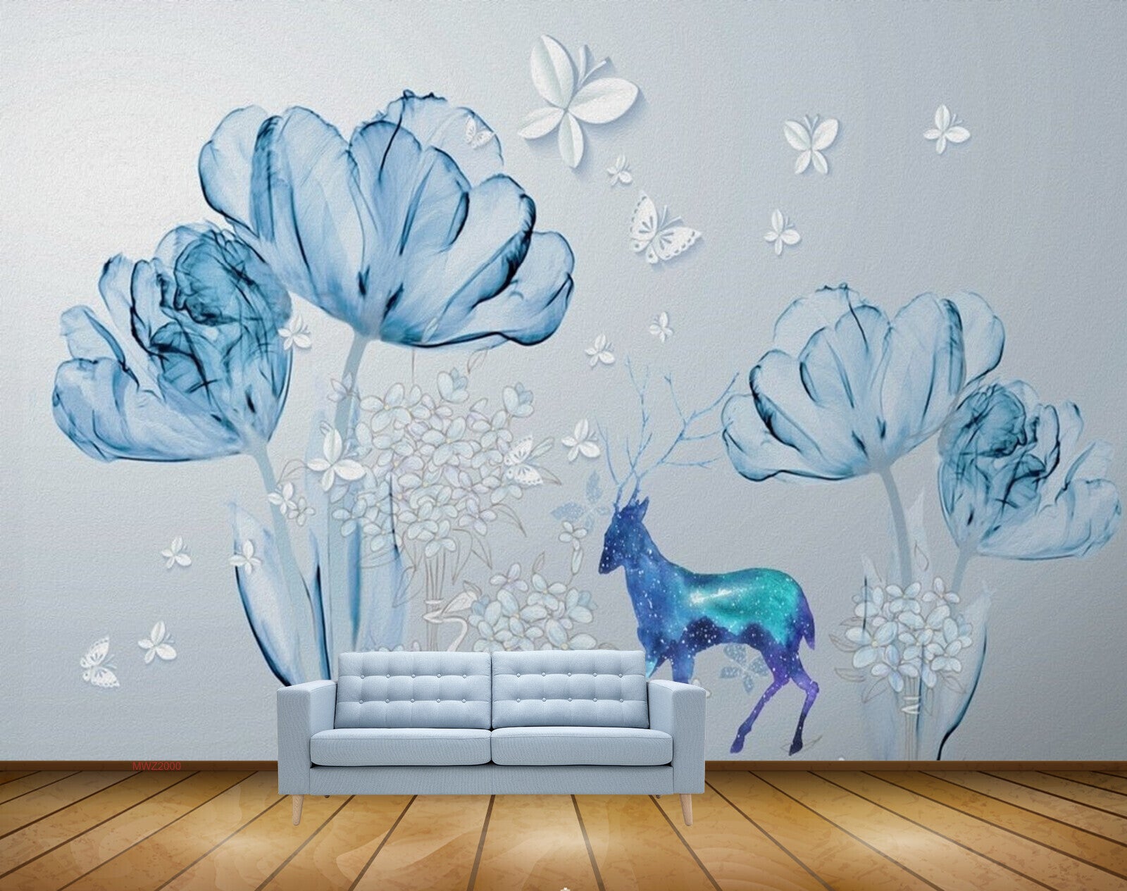 Avikalp MWZ2000 Blue Flowers Butterfly Deer 3D HD Wallpaper