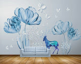 Avikalp MWZ2000 Blue Flowers Butterfly Deer 3D HD Wallpaper