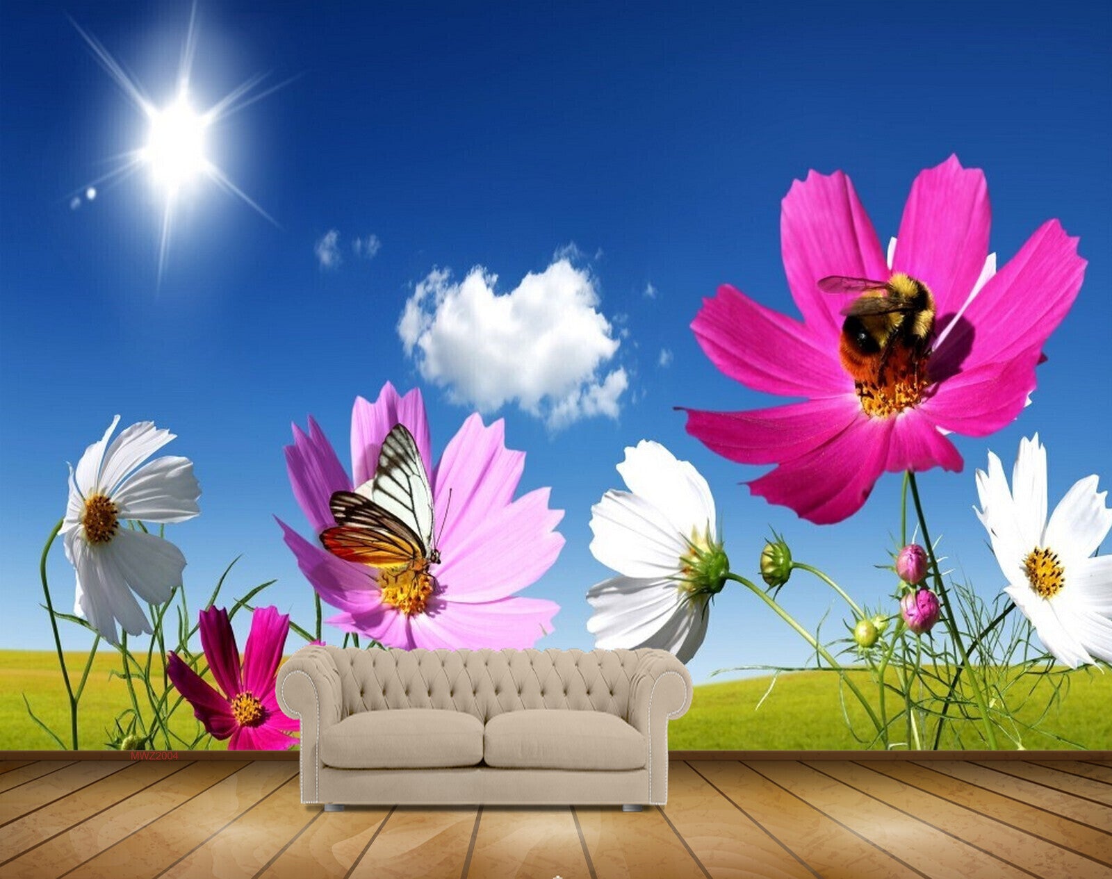 Avikalp MWZ2004 Pink White Flowers Butterflies Sun 3D HD Wallpaper