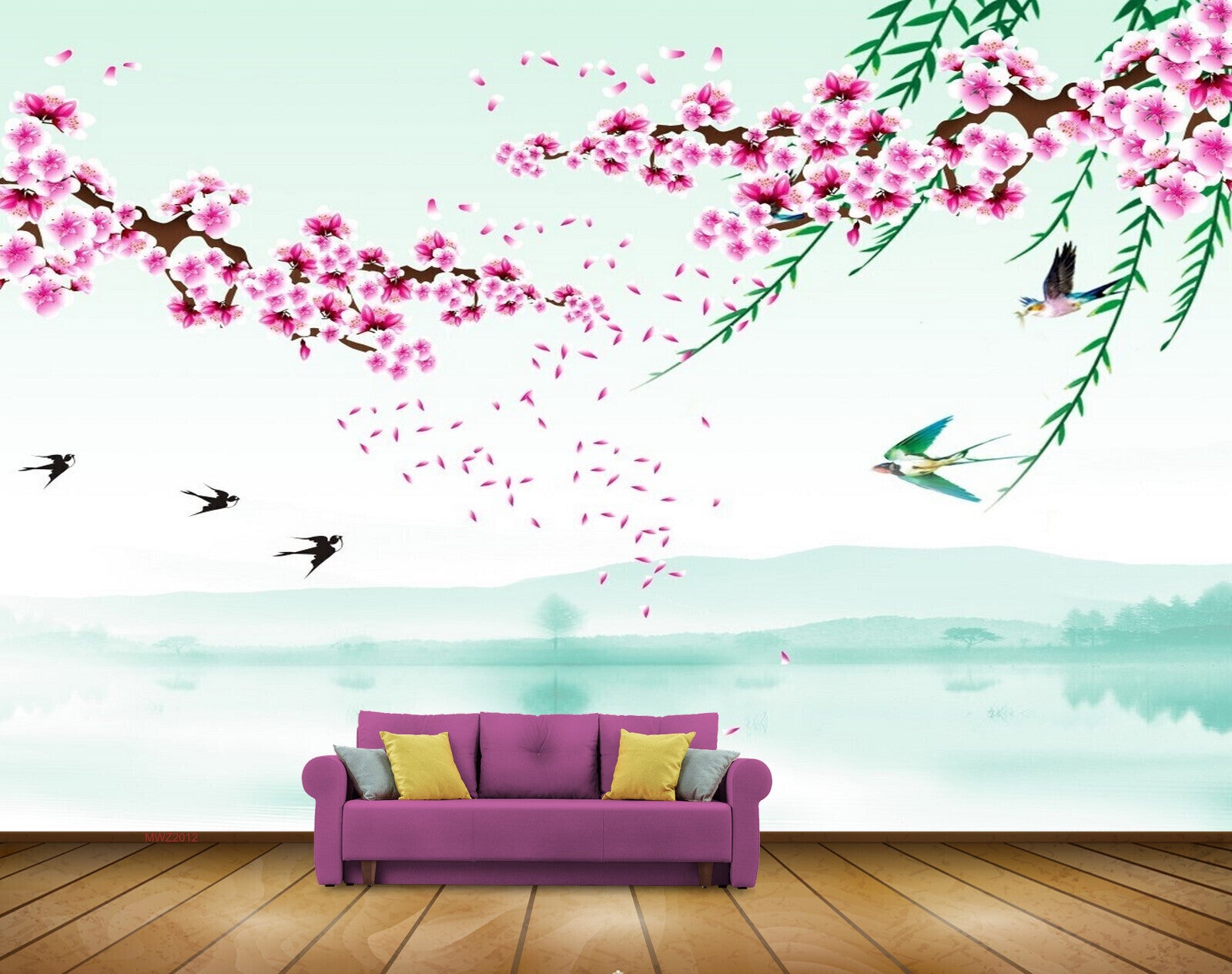 Avikalp MWZ2012 Pink White Flowers Birds HD Wallpaper