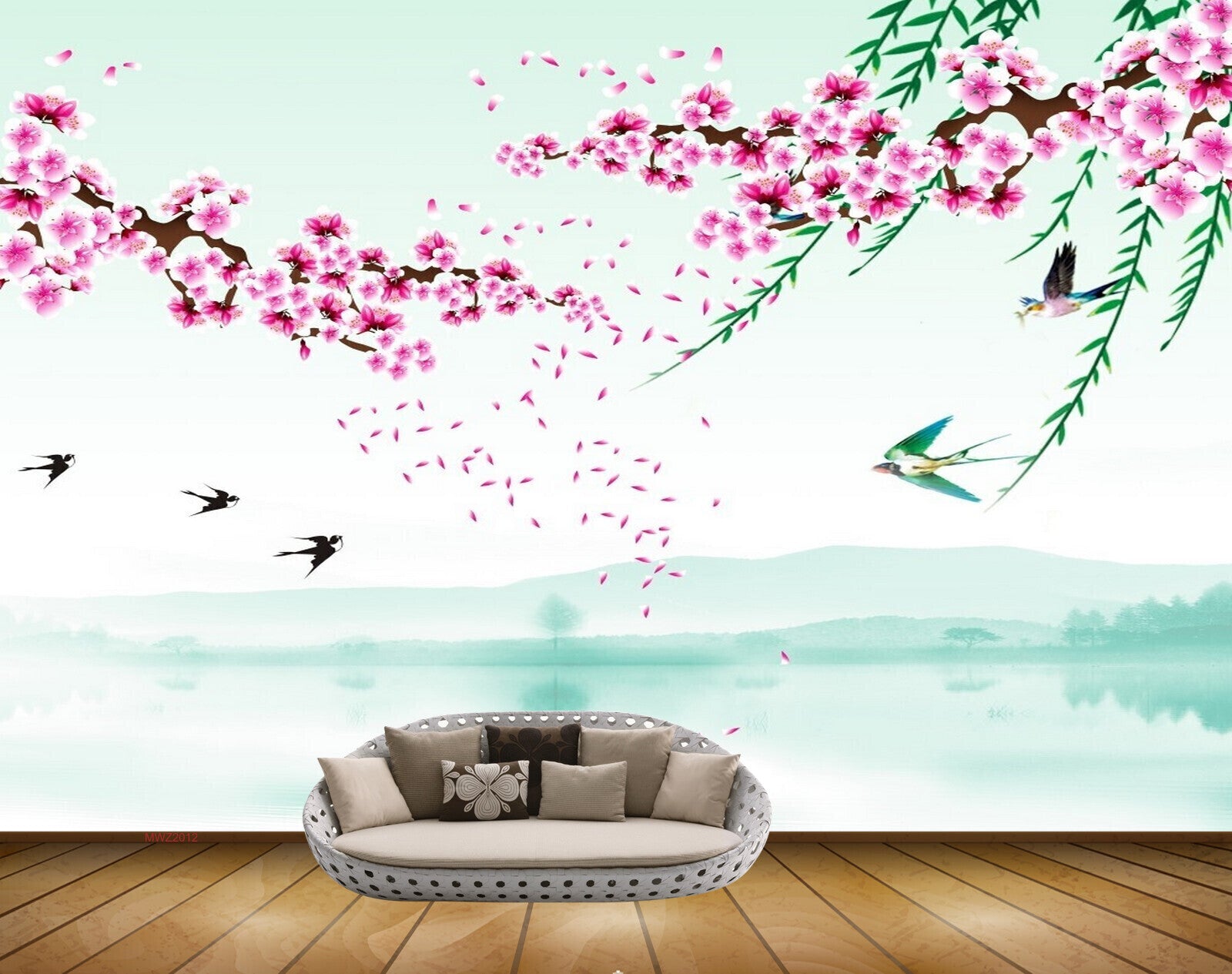 Avikalp MWZ2012 Pink White Flowers Birds 3D HD Wallpaper