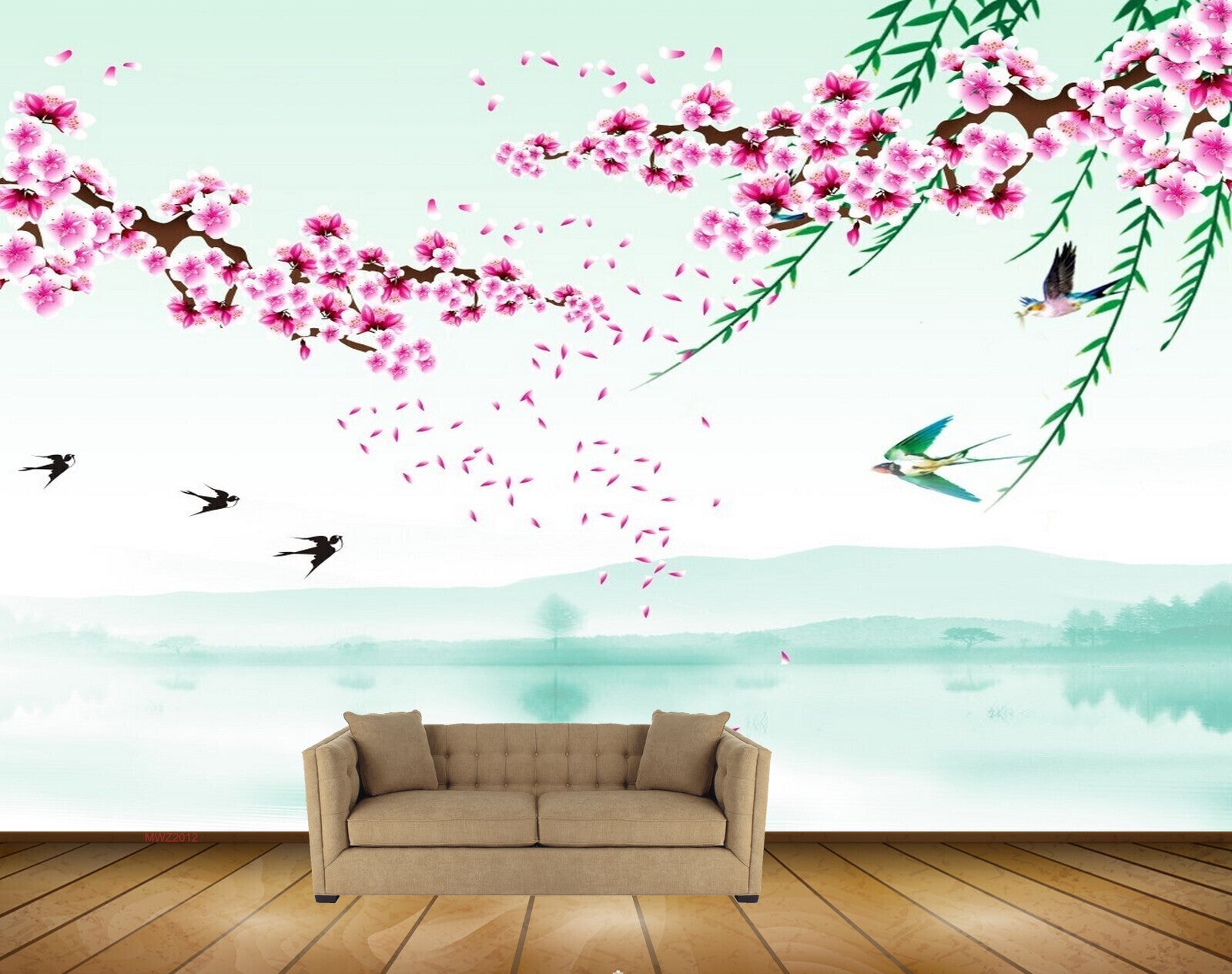 Avikalp MWZ2012 Pink White Flowers Birds 3D HD Wallpaper