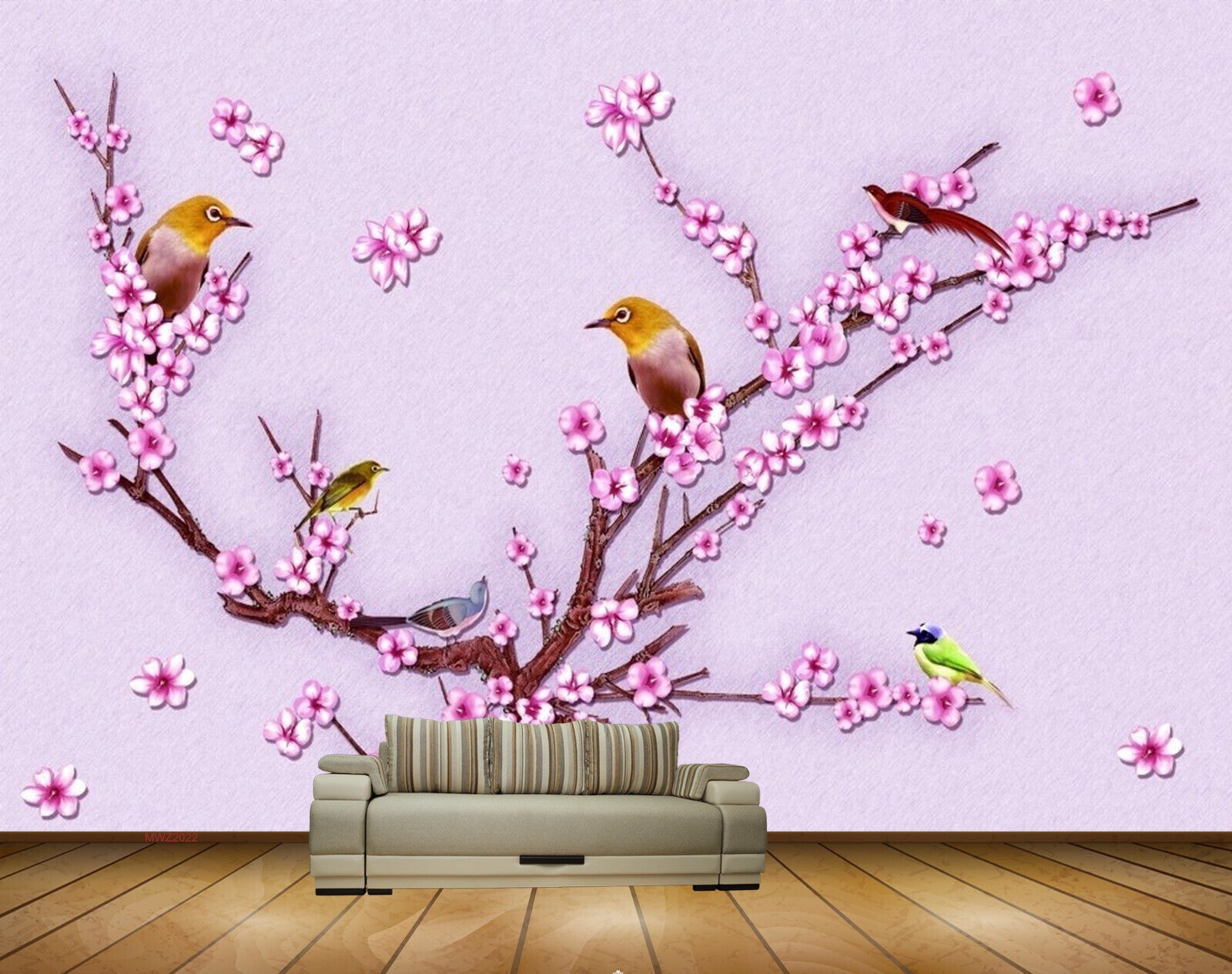 Avikalp MWZ2022 Pink White Flowers Birds 3D HD Wallpaper