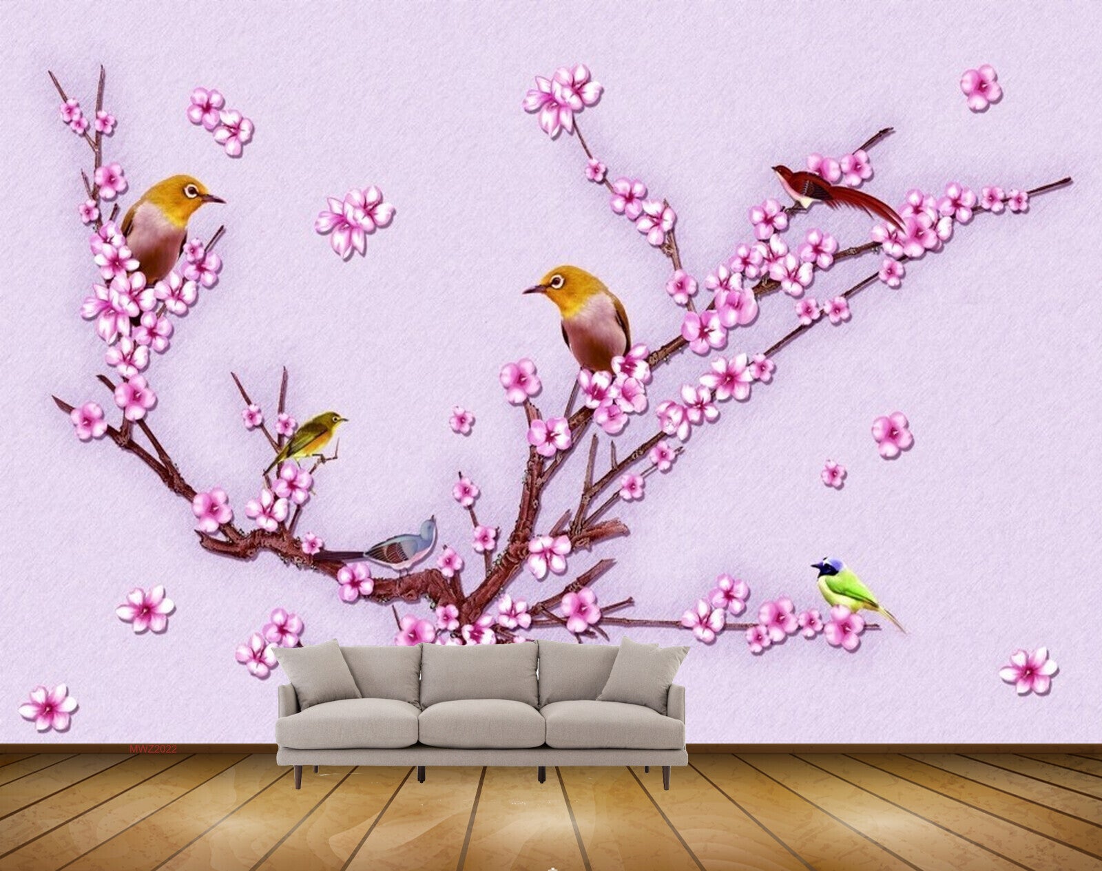 Avikalp MWZ2022 Pink White Flowers Birds 3D HD Wallpaper