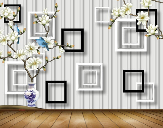 Avikalp MWZ2031 White Yellow Flowers Birds 3D HD Wallpaper