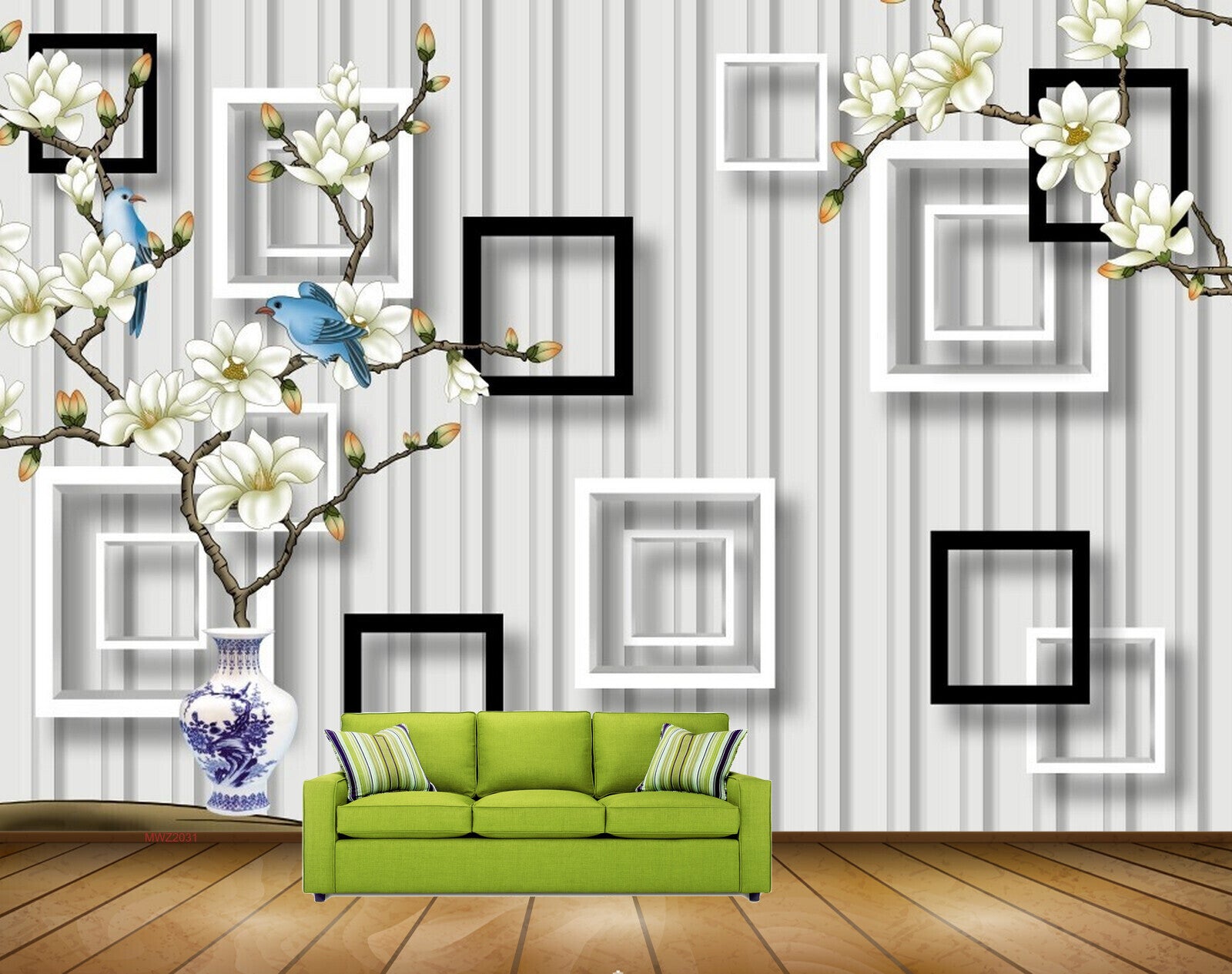 Avikalp MWZ2031 White Yellow Flowers Birds 3D HD Wallpaper