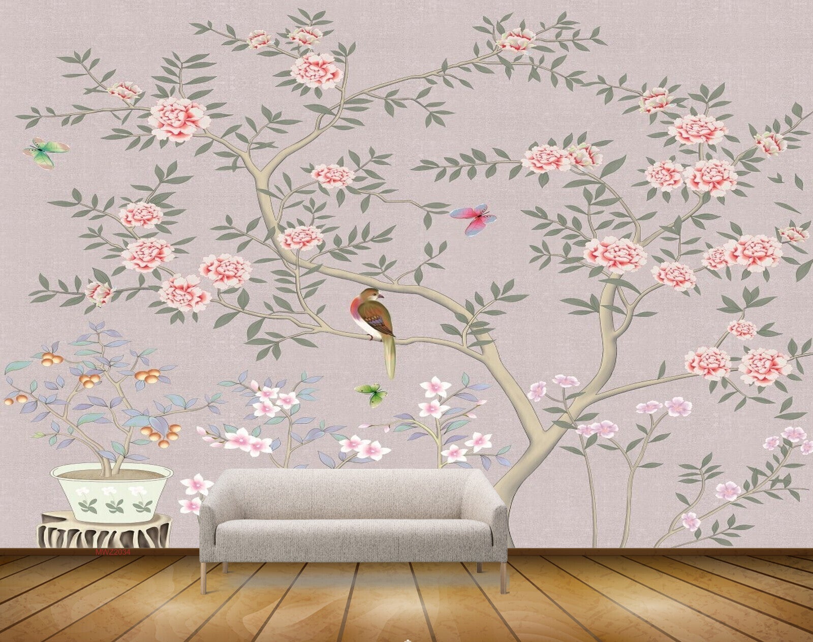 Avikalp MWZ2034 Pink White Flowers Birds HD Wallpaper