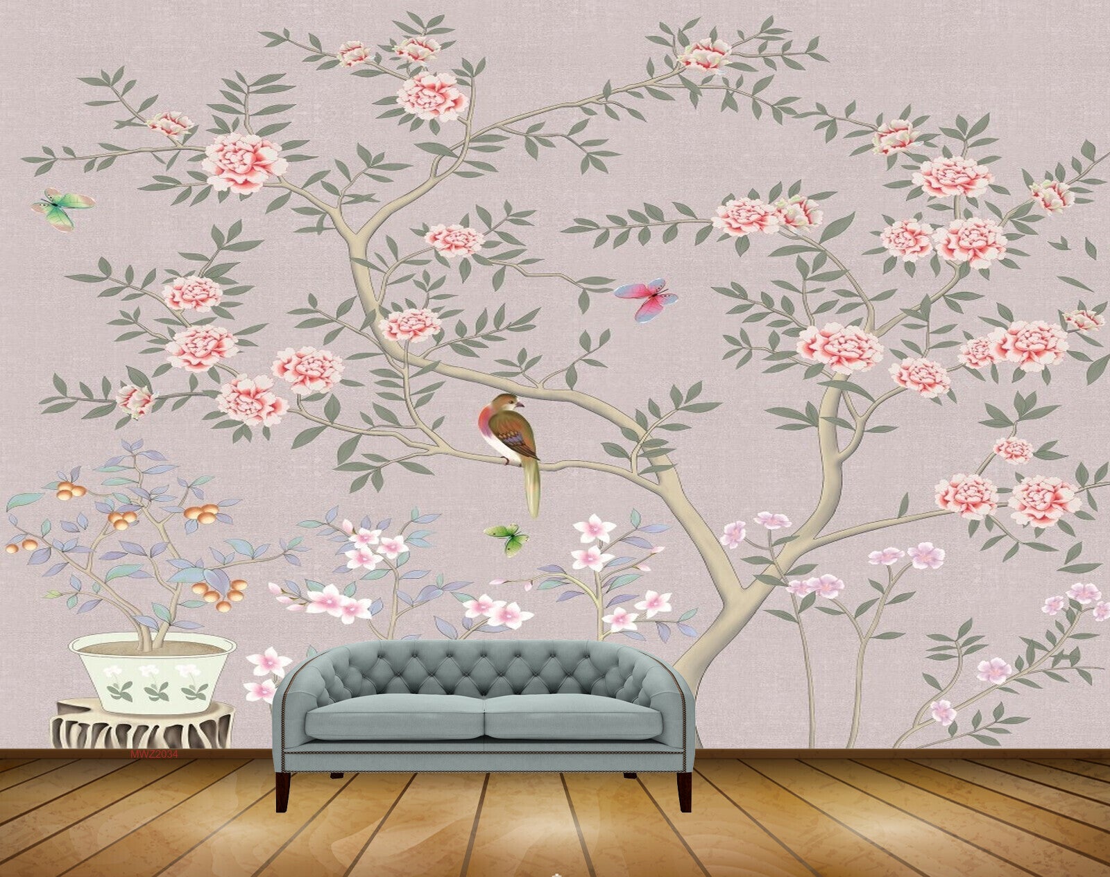Avikalp MWZ2034 Pink White Flowers Birds 3D HD Wallpaper