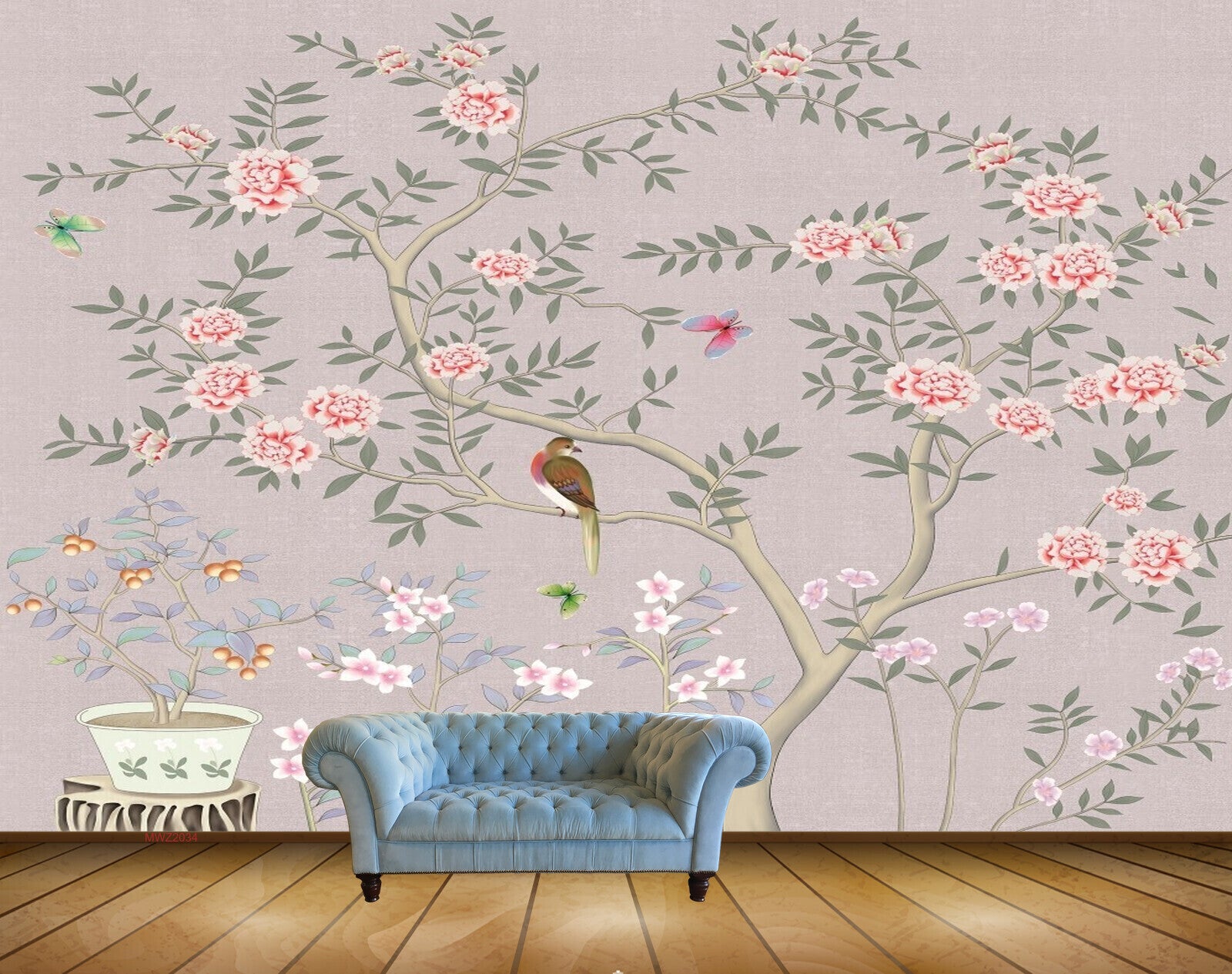 Avikalp MWZ2034 Pink White Flowers Birds 3D HD Wallpaper