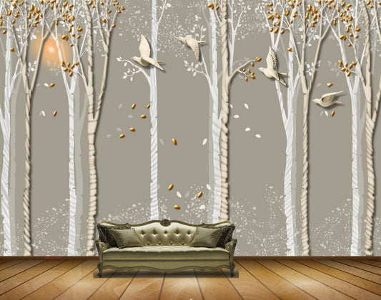 Avikalp MWZ2040 Orange Leaves Birds Trees HD Wallpaper