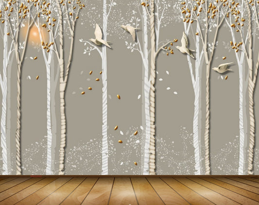 Avikalp MWZ2040 Orange Leaves Birds Trees 3D HD Wallpaper