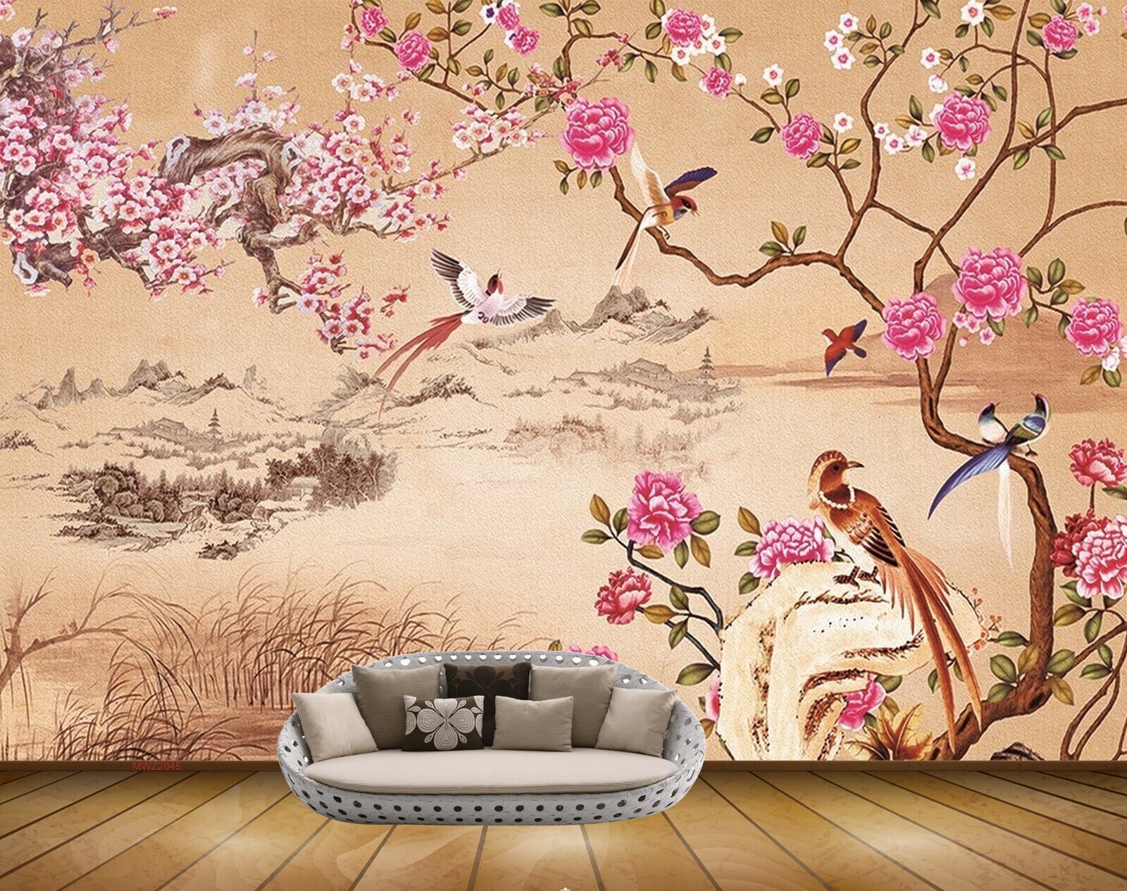 Avikalp MWZ2045 Pink White Flowers Birds River HD Wallpaper