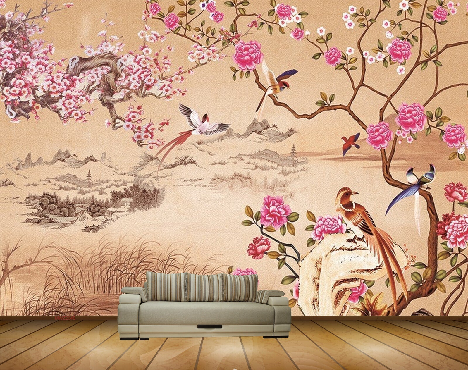 Avikalp MWZ2045 Pink White Flowers Birds River 3D HD Wallpaper