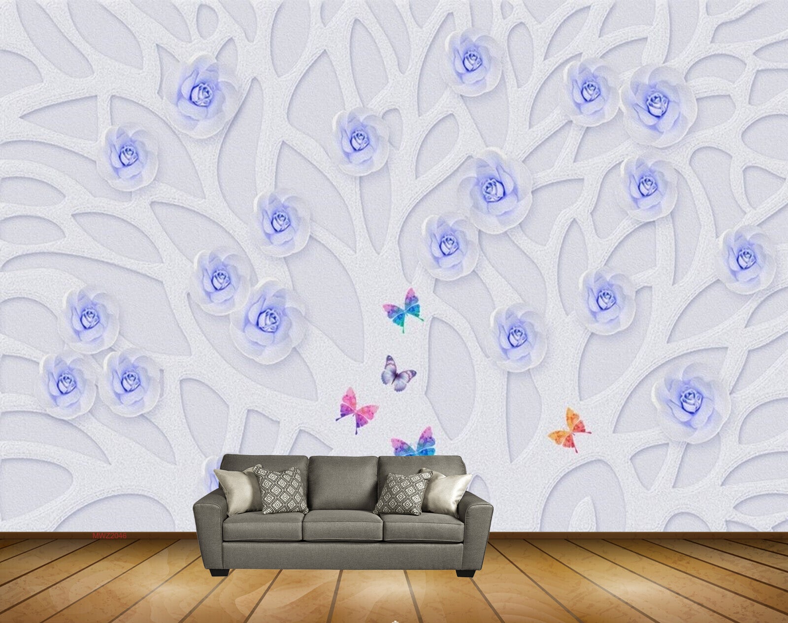 Avikalp MWZ2046 Blue Flowers Butterflies 3D HD Wallpaper