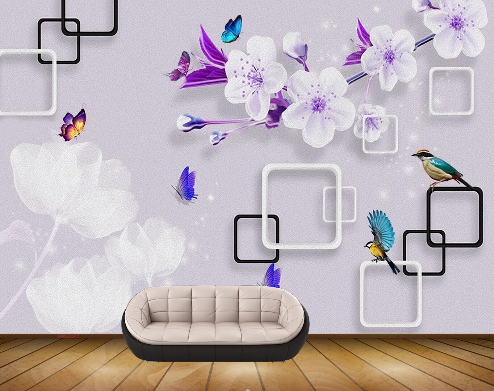 Avikalp MWZ2047 Purple White Flowers Butterflies Birds HD Wallpaper