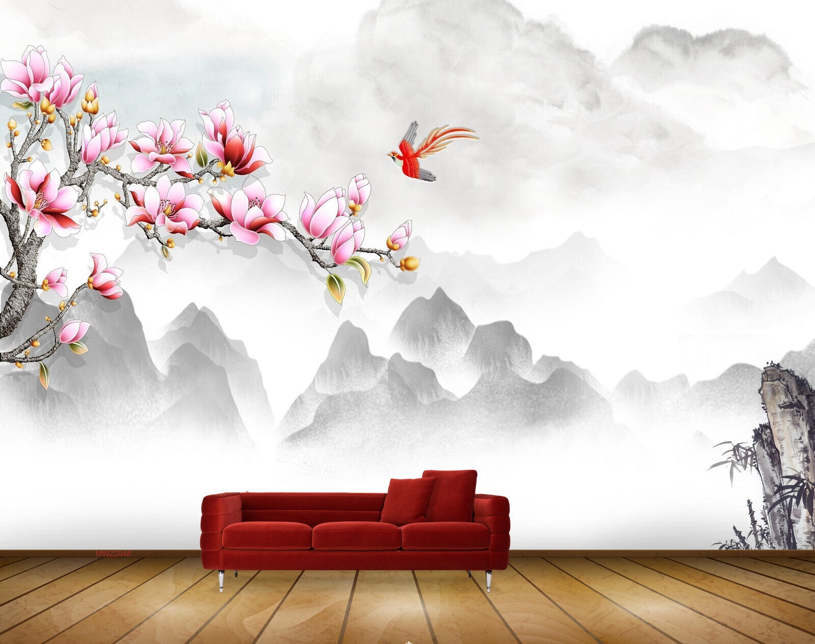 Avikalp MWZ2048 Pink Flowers Birds Clouds 3D HD Wallpaper