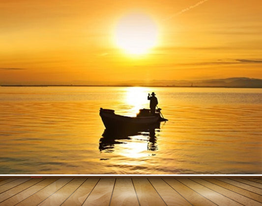 Avikalp MWZ2062 Sea Sunrise Sunset Boat Man Ocean Water HD Wallpaper