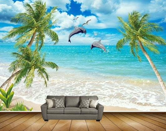 Avikalp MWZ2075 Whales Birds Coconut Trees Clouds Beach Water Ocean Nature HD Wallpaper