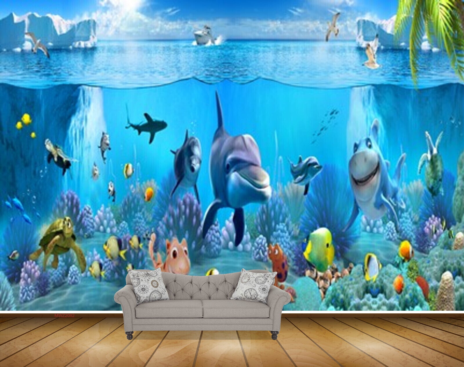 Avikalp MWZ2082 Dolphin Shark Fishes Iceberg Leaves Marine Underwater Ocean HD Wallpaper