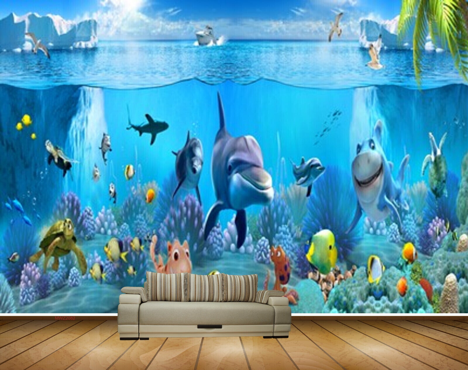Avikalp MWZ2082 Dolphin Shark Fishes Iceberg Leaves Marine Underwater Ocean HD Wallpaper