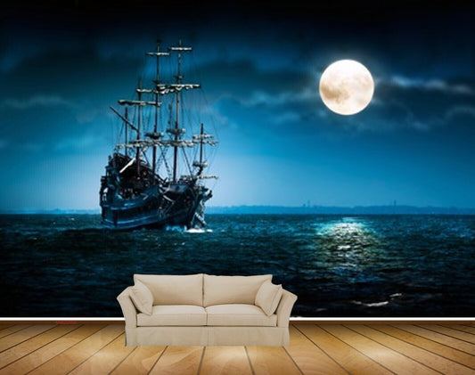 Avikalp MWZ2088 Full Moon Dark Ship Water Sea Travel HD Wallpaper