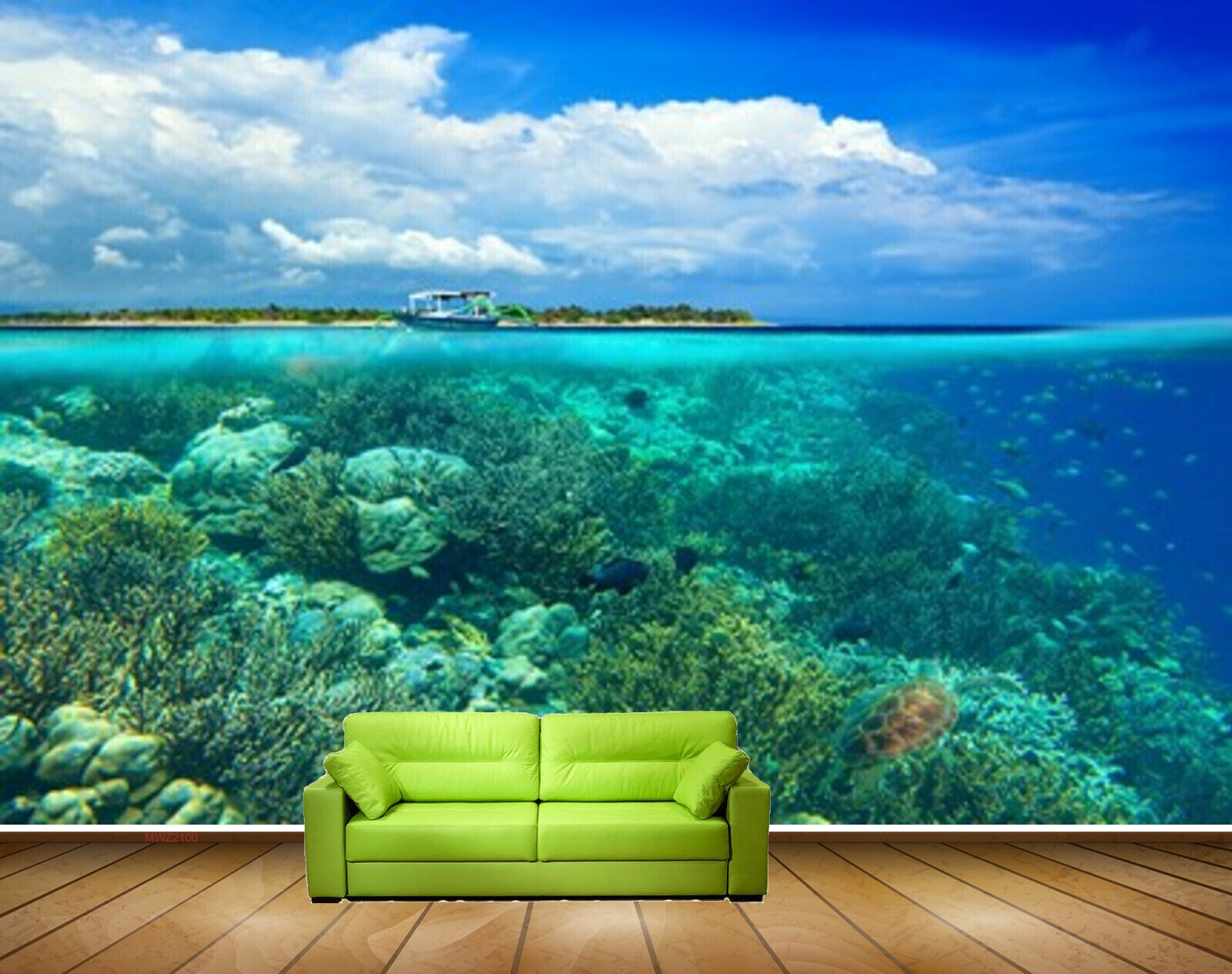Avikalp MWZ2100 Sea Trees Fishes Boat Clouds Island Underwater Ocean HD Wallpaper