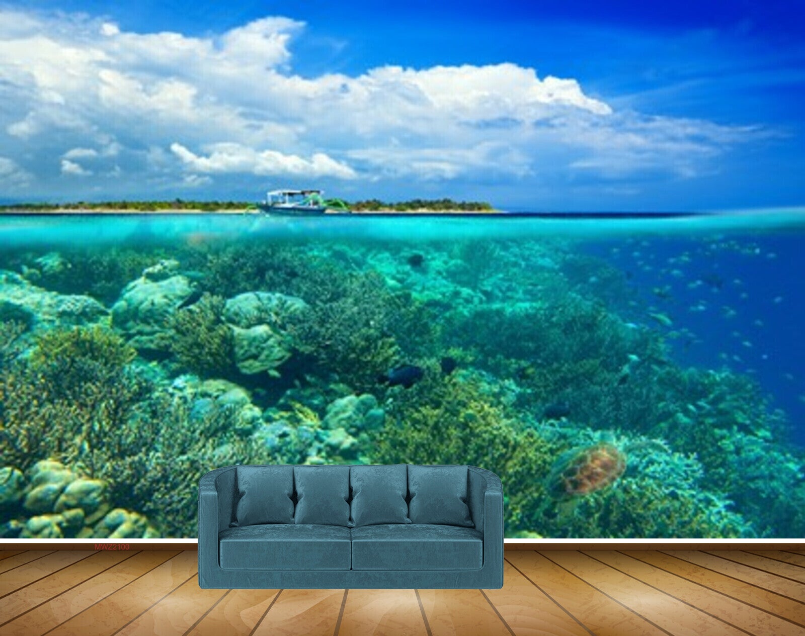 Avikalp MWZ2100 Sea Trees Fishes Boat Clouds Island Underwater Ocean HD Wallpaper