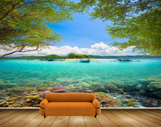 Avikalp MWZ2101 Sea Trees Fishes Anemones Boats Island HD Wallpaper