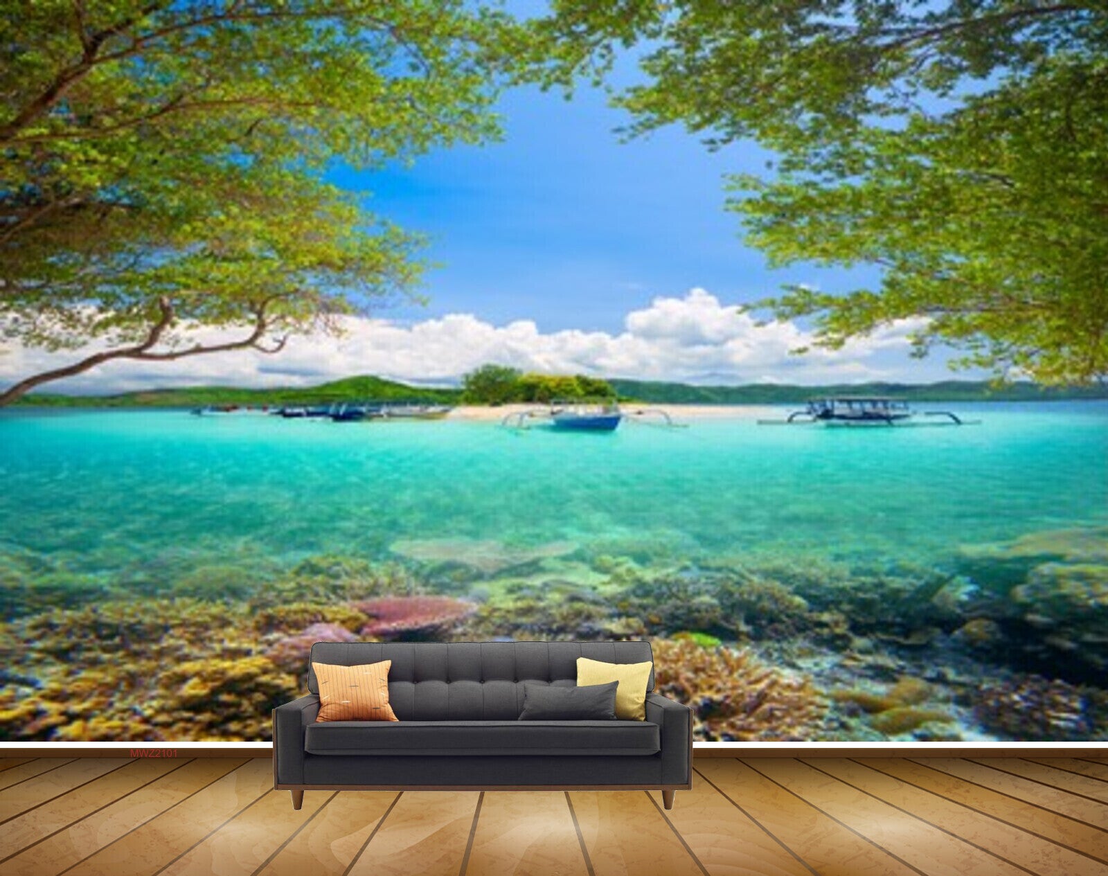 Avikalp MWZ2101 Sea Trees Fishes Anemones Boats Island HD Wallpaper