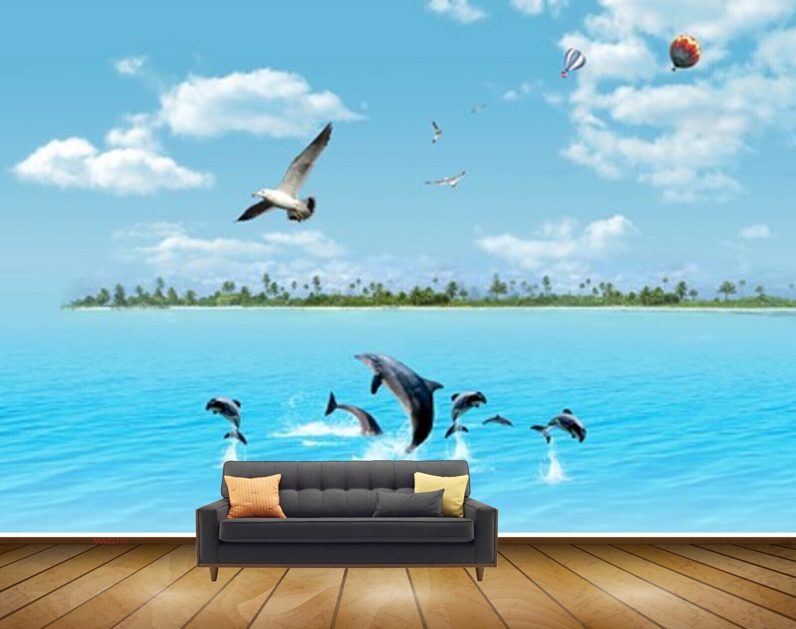 Avikalp MWZ2110 Sea Whales Birds Parachutes Island Trees Beach Forest Air Baloon HD Wallpaper