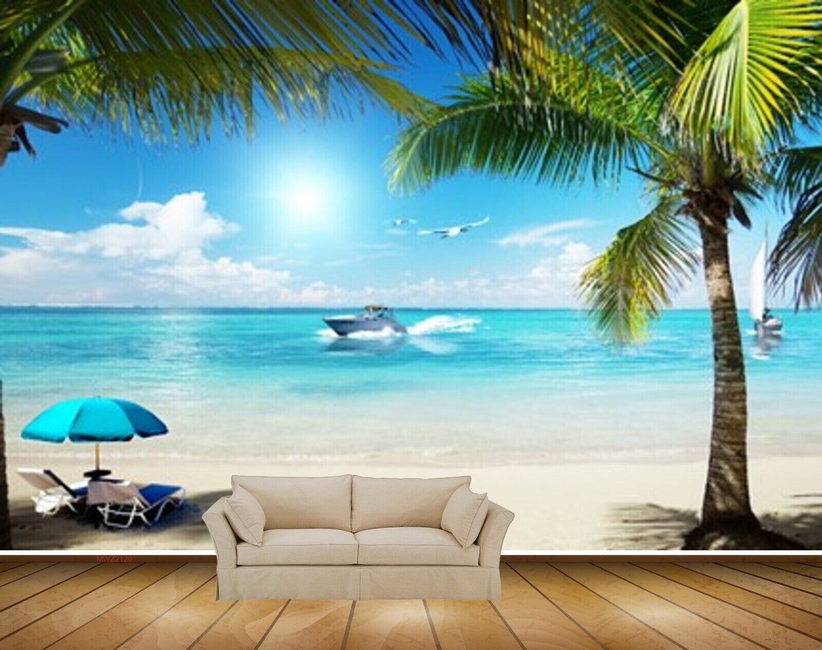 Avikalp MWZ2126 Beach Coconut  Tree Ship Birds Shells Umbrella Chairs Sun Water Ocean HD Wallpaper