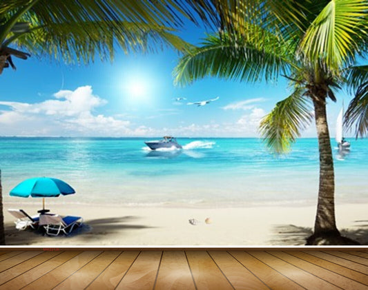 Avikalp MWZ2126 Beach Coconut  Tree Ship Birds Shells Umbrella Chairs Sun Water Ocean HD Wallpaper