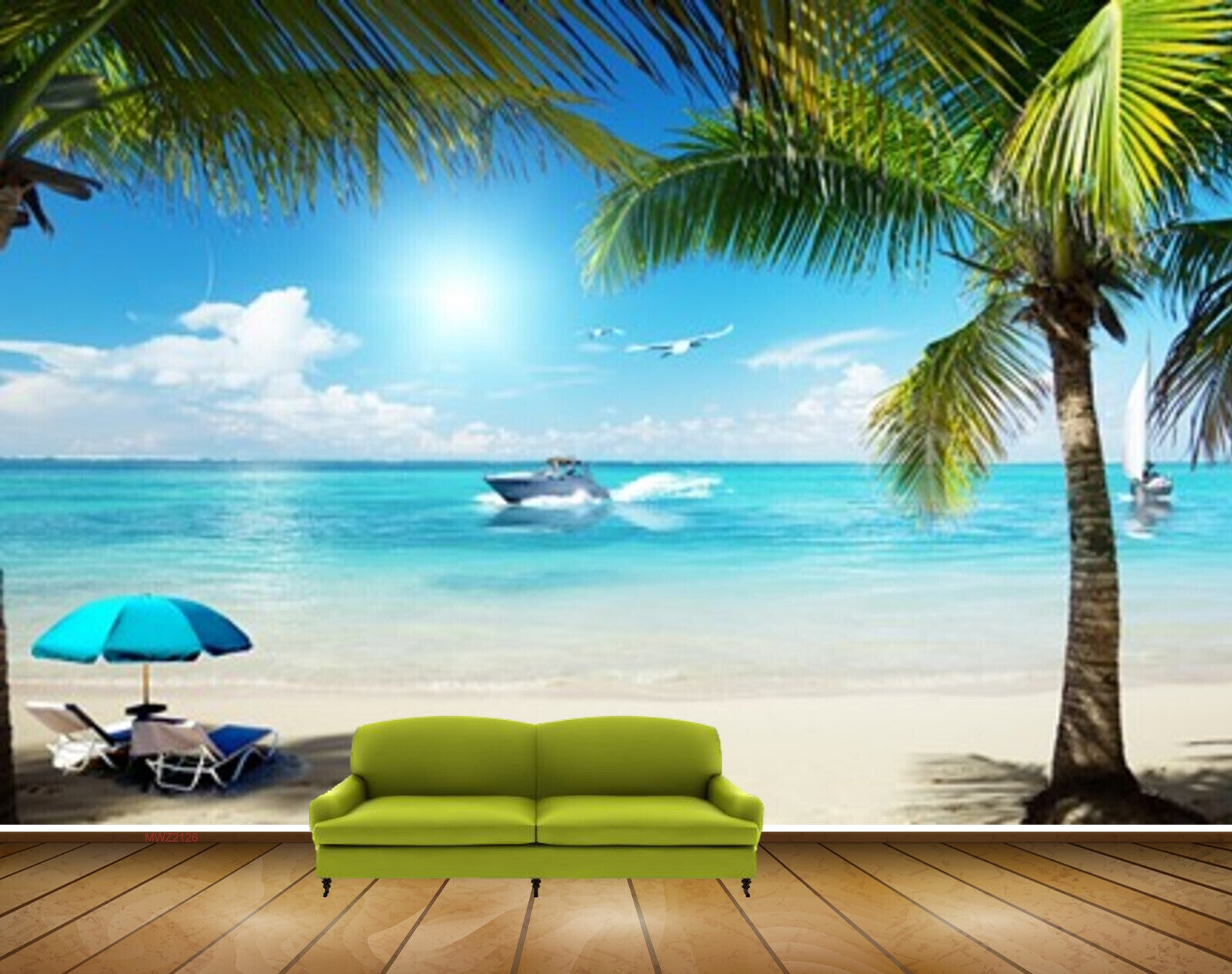 Avikalp MWZ2126 Beach Coconut  Tree Ship Birds Shells Umbrella Chairs Sun Water Ocean HD Wallpaper