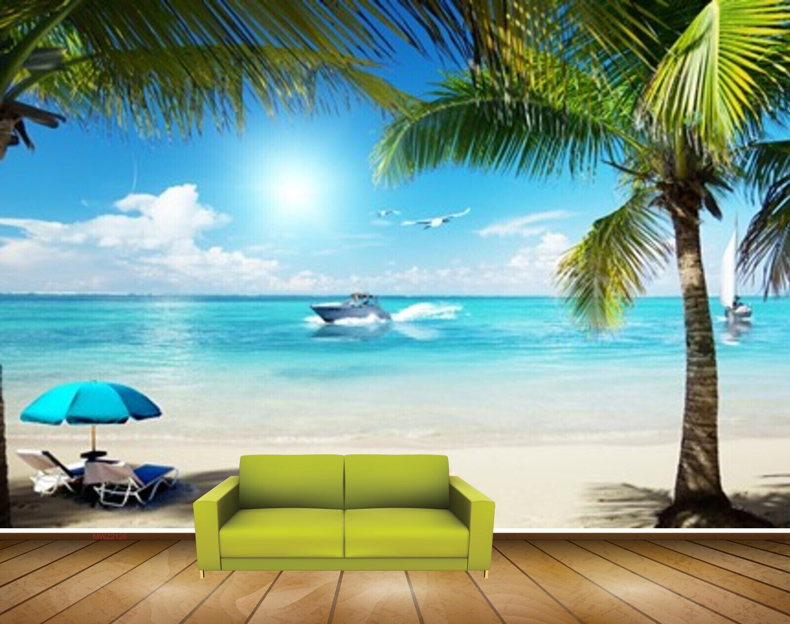 Avikalp MWZ2126 Beach Coconut  Tree Ship Birds Shells Umbrella Chairs Sun Water Ocean HD Wallpaper