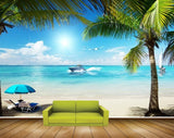Avikalp MWZ2126 Beach Coconut  Tree Ship Birds Shells Umbrella Chairs Sun Water Ocean HD Wallpaper