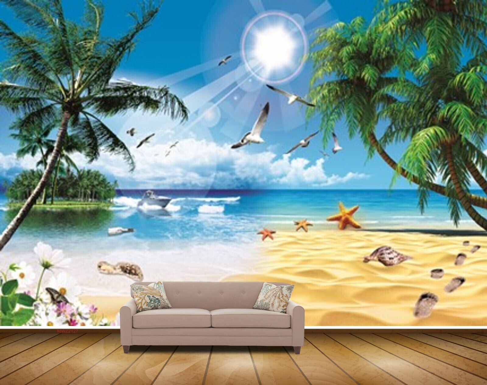 Avikalp MWZ2127 Sea Starfish Shells Trees Flowers Birds Sun Island Beach Water Ocean HD Wallpaper