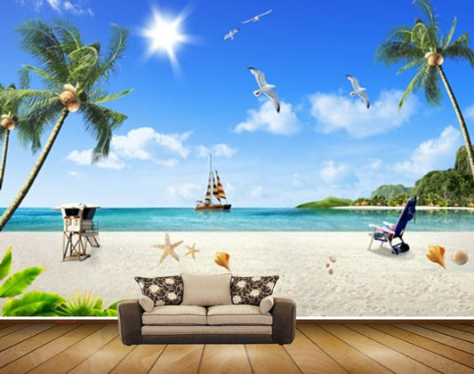 Avikalp MWZ2128 Beach Coconut Trees Boat Birds Starfish Chair Shells Sun Nature Water Ocean HD Wallpaper