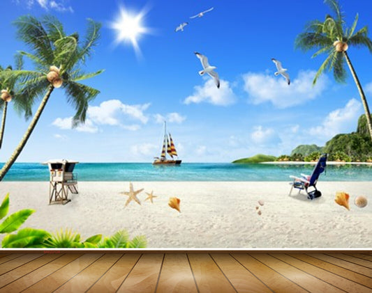 Avikalp MWZ2128 Beach Coconut Trees Boat Birds Starfish Chair Shells Sun Nature Water Ocean HD Wallpaper