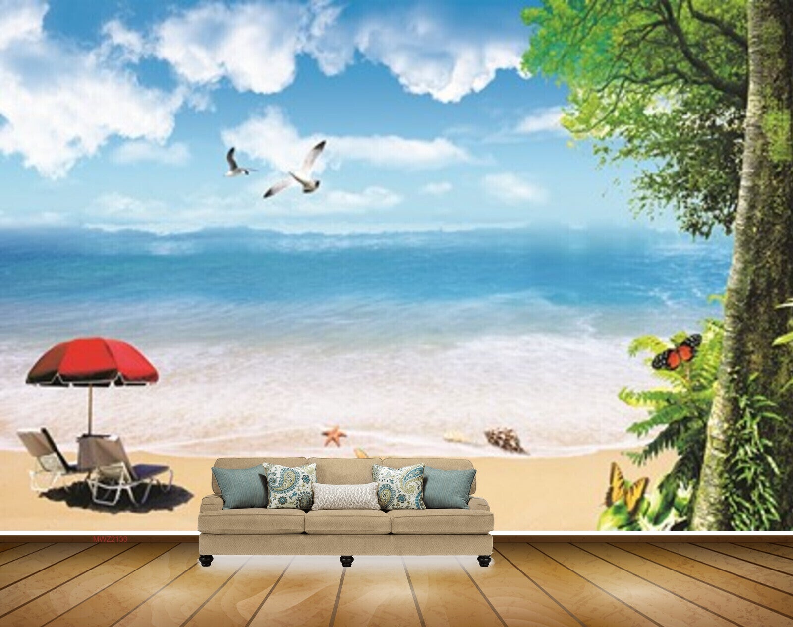 Avikalp MWZ2130 Beach Birds Butterflies Clouds Chair Starfishes Water Ocean HD Wallpaper