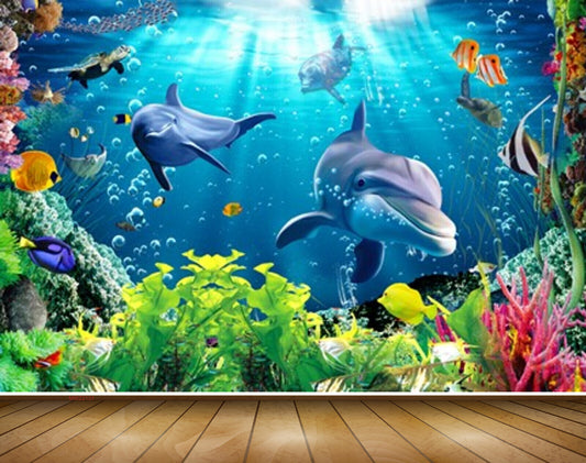 Avikalp MWZ2131 Sea Fishes Plants Dolphines Turtles Sunlight Underwater Water Ocean Marine HD Wallpaper